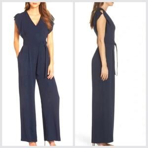 Eliza J Navy Blue Jumpsuit with Belt Side Pockets Wide Leg